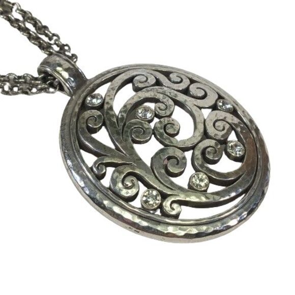 BRIGHTON Large Filagree Pendant Medallion w/ Crystals Double Chain Necklace Vtg - Picture 4 of 13